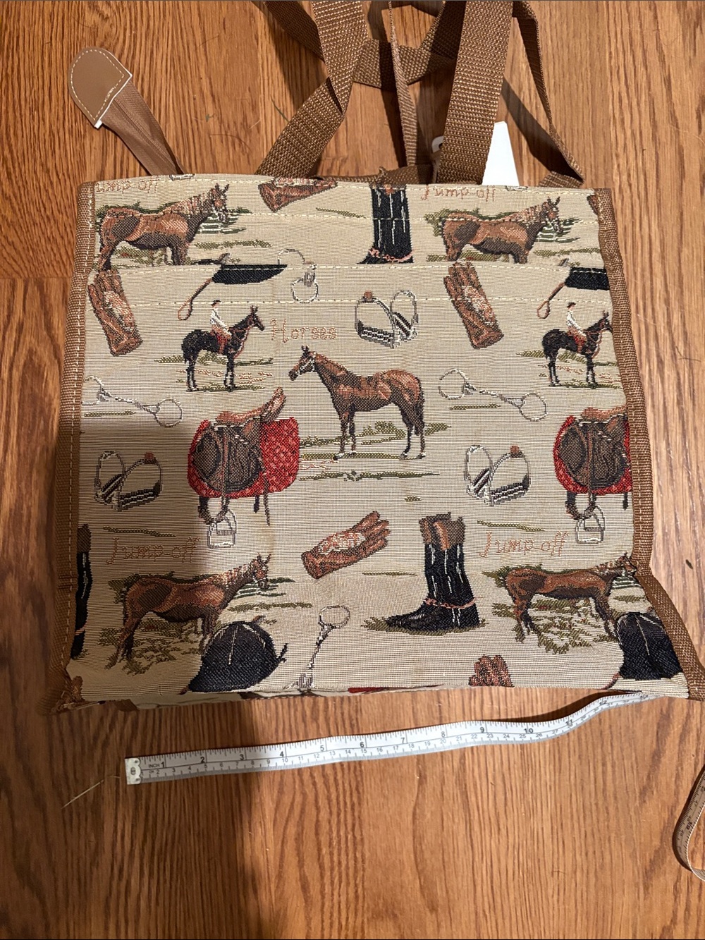 Equestrian Print Tote Bag in Tan and Brown